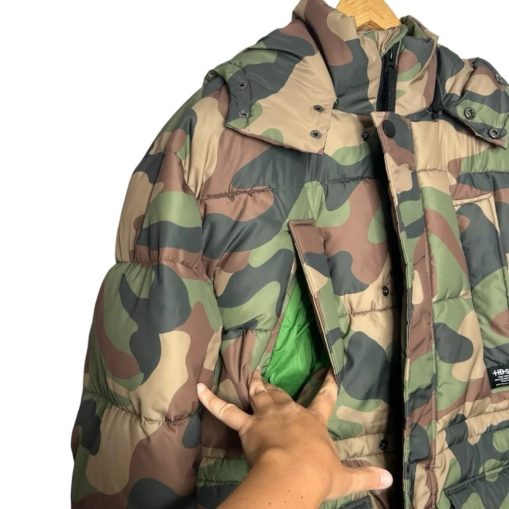 HUDSON JEANS Camo Quilted & Hooded Parka Puffer Men’s Winter Coat Size Small